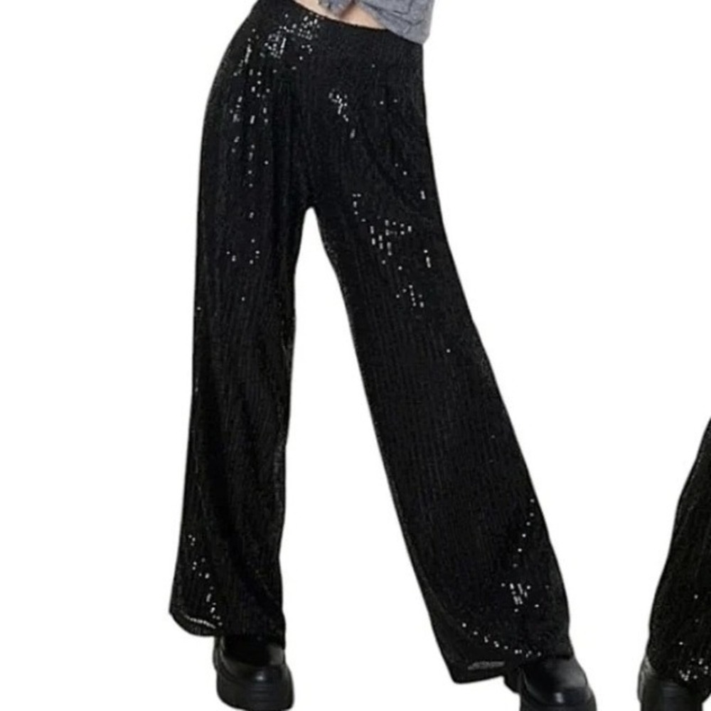 Nasty Gal Black Sparkle Sequins Wide-Leg Trousers Size 14 Extra Long Side Zip